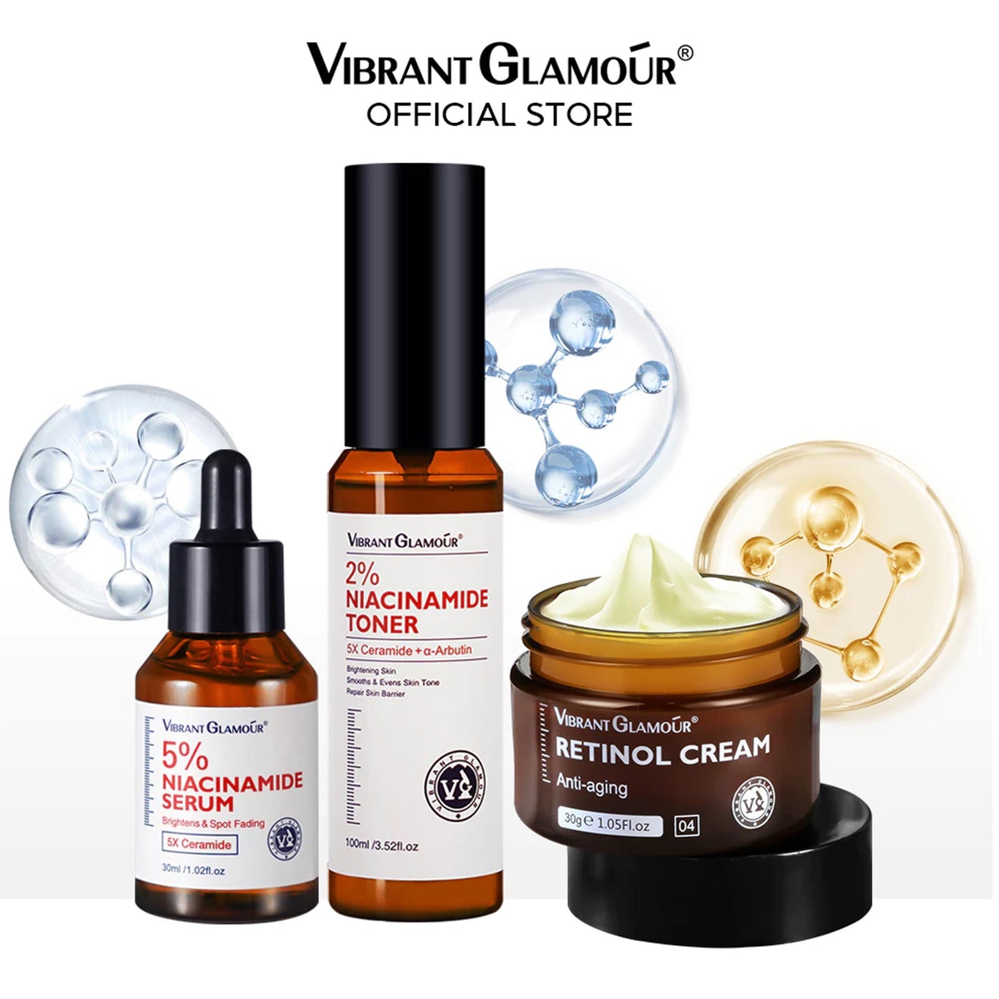 Anti Aging Whitening Set Retinol Face Cream Niacinamide Toner Serum 5X Ceramide 3X Centella Asiatica Skin Barrier