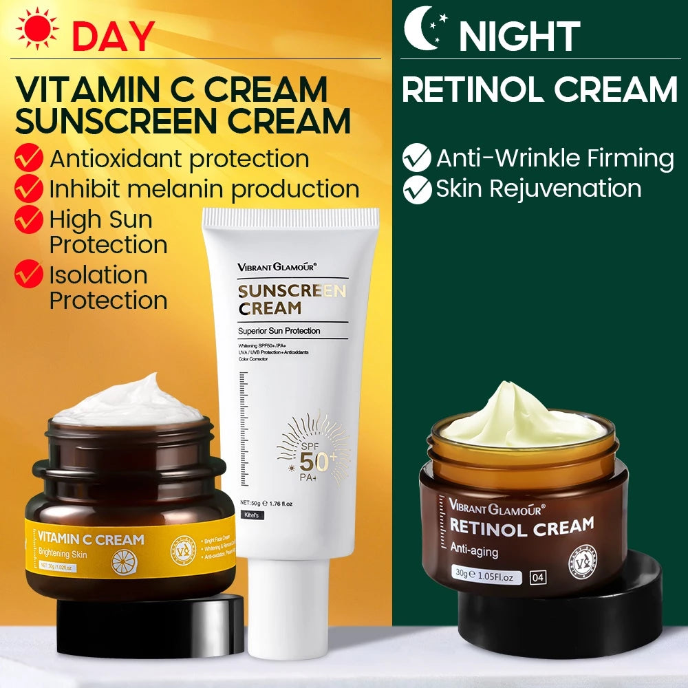Anti-aging Sunblock Set Retinol Anti Wrinkle Face Cream VC Whitening Sunscreen Cream Vitamin C Fading Dark Spot