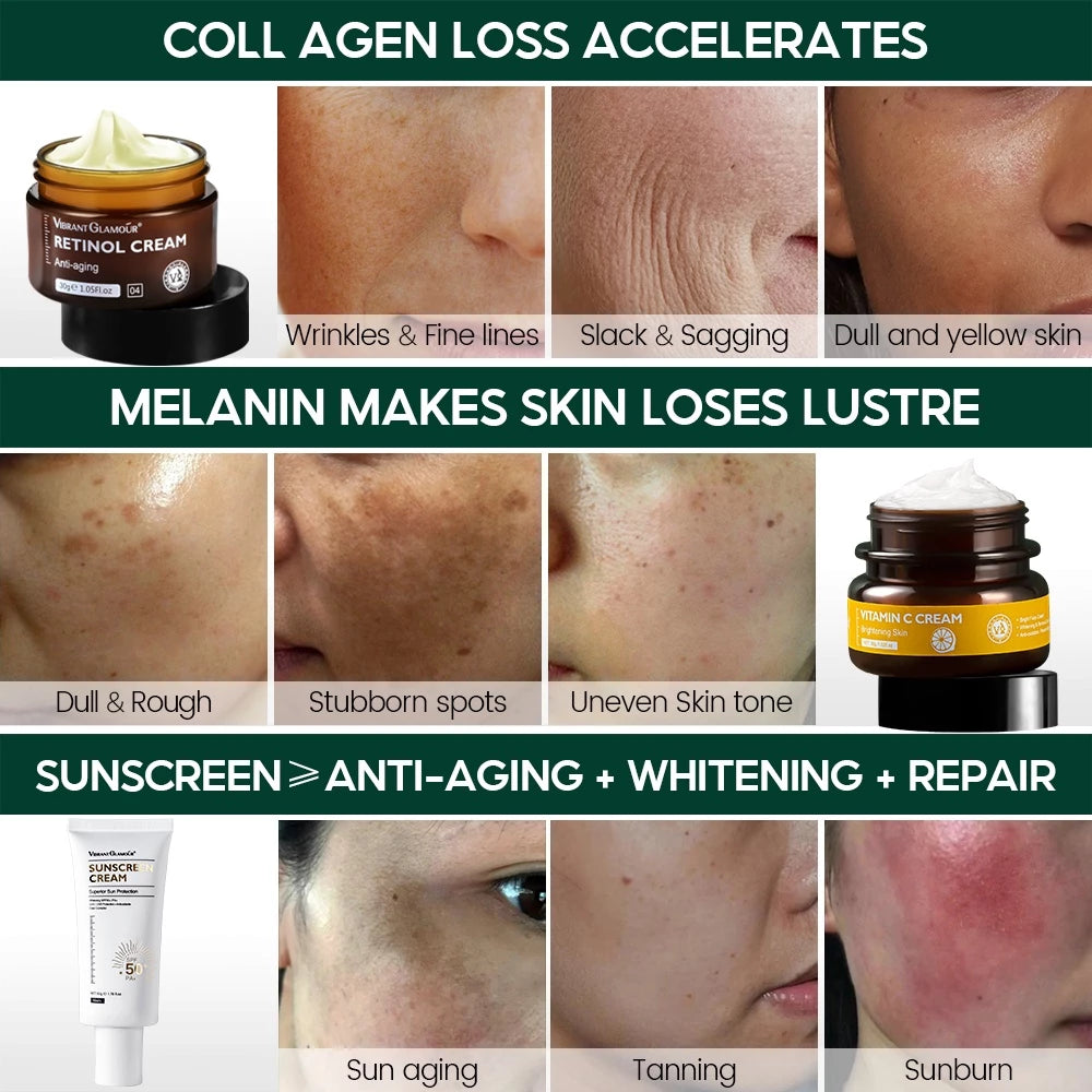 Anti-aging Sunblock Set Retinol Anti Wrinkle Face Cream VC Whitening Sunscreen Cream Vitamin C Fading Dark Spot
