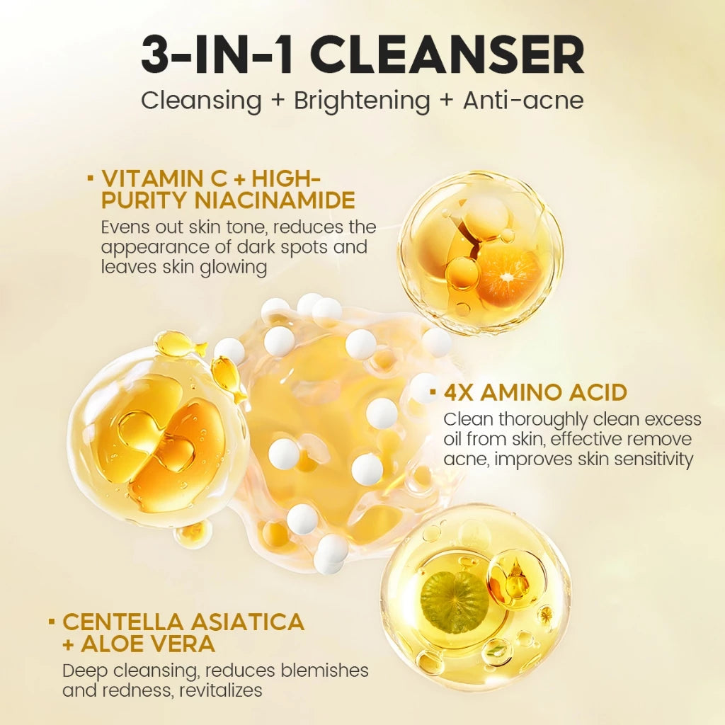 3-in-1 Radiant Vitamin C Facial Cleanser Deep Cleansing Acne Fighting Brightening With Centella Amino Acids