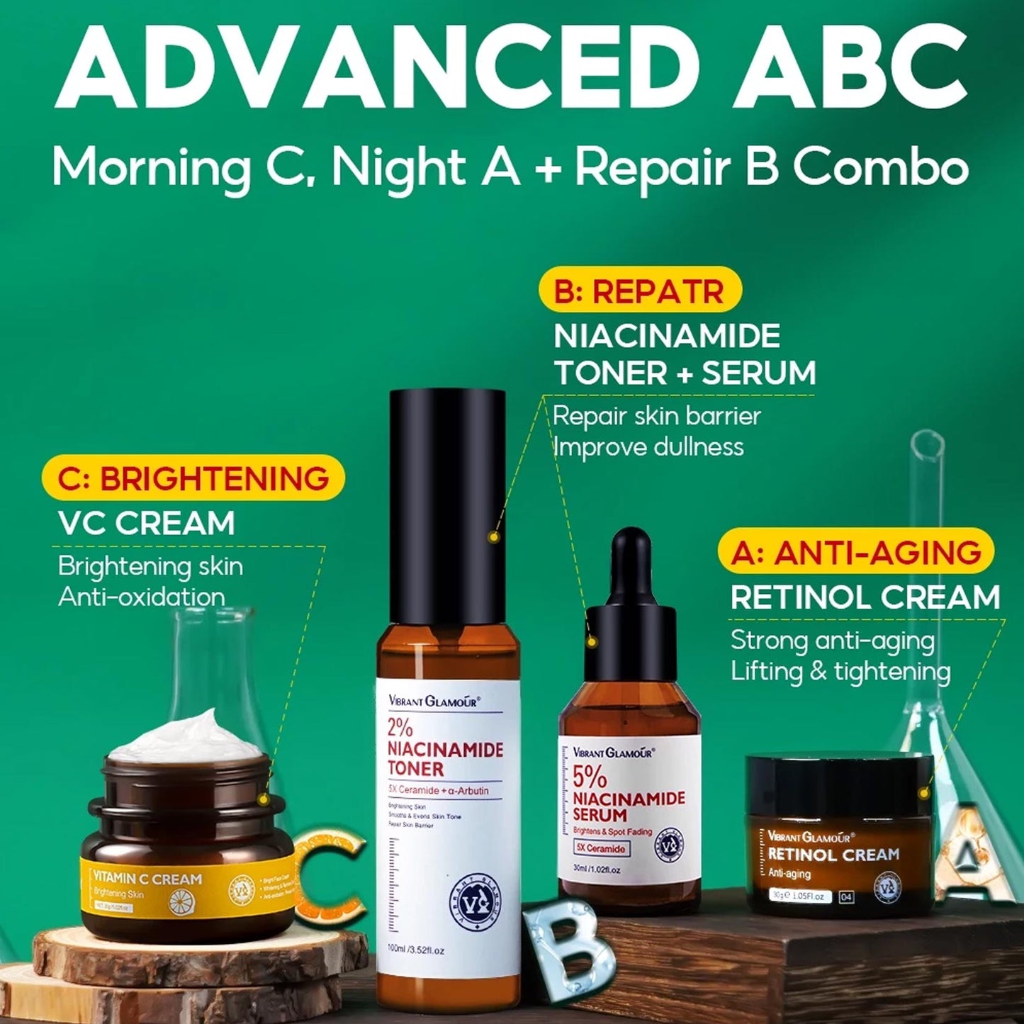 Advanced ABC Set Retinol Face Cream Vitamin C Niacinamide Serum Toner Facial Combo Anti-aging Whitening
